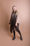 Herringbone Tweed Hooded Frayed Edge Poncho