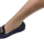 Women's Moccasin Loafer Slippers with Fur Lining – Navy Tweed Shearling Slip-On Shoes with Gold Horsebit Detail