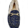 Women's Moccasin Loafer Slippers with Fur Lining – Navy Tweed Shearling Slip-On Shoes with Gold Horsebit Detail