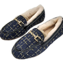 Women's Moccasin Loafer Slippers with Fur Lining – Navy Tweed Shearling Slip-On Shoes with Gold Horsebit Detail