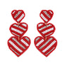 3-Tier Striped Hearts Seed Handmade Beaded Embroidery Long Drop Earrings Red