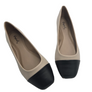 Women's Classic Ballet Beige Flat Light Faux Leather Shoes with Black Toe