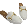 Women's Low Heel Leather Mules – Slip-On Backless Flats for Girls & Ladies, Work Slides, Classic Ballet Flats, Light Faux Leather Sandals with Gold Buckle
