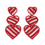 3-Tier Striped Hearts Seed Bead Handmade Beaded Embroidery Long Drop Earrings in Gold Tone Metal