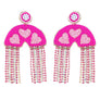2-Tier Jeweled Tassel Heart Rainbow Seed Bead Handmade Beaded Embroidery Long Drop Valentine Earrings in Gold Tone Metal