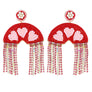 2-Tier Jeweled Tassel Heart Rainbow Seed Bead Handmade Beaded Embroidery Long Drop Valentine Earrings in Gold Tone Metal