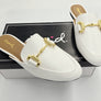 Women's Low Heel Leather Mules – Slip-On Backless Flats for Girls & Ladies, Work Slides, Classic Ballet Flats, Light Faux Leather Sandals with Gold Buckle