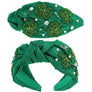 Saint Patrick's Day Shamrock Crystal Rhinestone Pearl Beaded Embroidery Top Knotted Headband