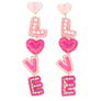 5-Tier Heart Post "Love" Lettering Crystal Rhinestone Beaded Embroidery Long Drop Valentine Earrings