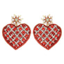 2-Tier Criss Cross Crystal Rhinestone Seed Bead Handmade Beaded Embroidery Heart Shaped Valentine's Day Earrings