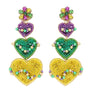 4-Tier Marquise Post Mardi Gras Crystal Gemstone Seed Bead Handmade Beaded Embroidery Triple Heart Long Drop Earrings