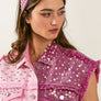 BiBi Pearl & Rhinestone Decor Contrast Raw Hem Vest Coat