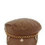 Leather Beret Cap with Chain and Number 5 Accent