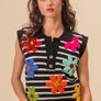 BiBi Flower Patch Striped Half Button Sweater Vest