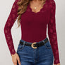 Lace Wavy Hem V-Neck Long Sleeve Top