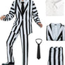 Scary Family Adult Costume Suit - Morticia & Gomez Black White Striped 3-Piece Set with Jacket, Pants, Shirt, and Tie for Halloween & Cosplay