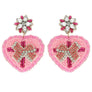2-Tier Marquise Floral Seed Bead Handmade Heart Shape Valentine Day Earring Pink