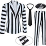 Scary Family Adult Costume Suit - Morticia & Gomez Black White Striped 3-Piece Set with Jacket, Pants, Shirt, and Tie for Halloween & Cosplay