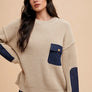 Annie Wear Contrast Round Neck Drop Shoulder Sweater with Patch Pocket