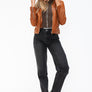 Snobbish Faux Leather Zip Up Drawstring Hooded Jacket