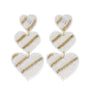 3-Tier Striped Hearts Seed Handmade Beaded Embroidery Long Drop Earrings White