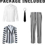 Scary Family Adult Costume Suit - Morticia & Gomez Black White Striped 3-Piece Set with Jacket, Pants, Shirt, and Tie for Halloween & Cosplay