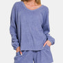 Zenana V-Neck Long Sleeve Ribbed Top and Shorts Set