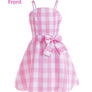 Barbie Girl Pink Plaid Princess Costume for Adult Women - Margot Robbie Movie Dress with Ribbon & 3 Shell Necklace for Halloween & Cosplay