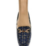 Women's Moccasin Loafer Slippers with Fur Lining – Navy Tweed Shearling Slip-On Shoes with Gold Horsebit Detail