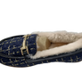 Women's Moccasin Loafer Slippers with Fur Lining – Navy Tweed Shearling Slip-On Shoes with Gold Horsebit Detail