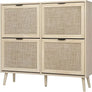 Natural Rattan Cabinet with 3 Flip Drawers, Free Standing Modern 3-Tier Shoe Storage Rack for Heels, Slippers