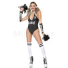 Gothic Cheerleader 5 Pc White Black Skeleton Skull Print Bodysuit Costume Sz XL