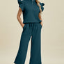 Double Take Full Size Texture Ruffle Short Sleeve Top and Wide Leg Pants Set