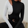 Cutout Contrast Mock Neck Long Sleeve T-Shirt