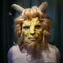 Beauty and the Beast inspired brown latex mask with hair and horns front view