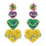 4-Tier Marquise Post Mardi Gras Crystal Gemstone Triple Heart Long Drop Earrings