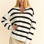 Davi & Dani High-Low Side Slit Striped Johnny Collar Sweater