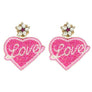 2-Tier Jeweled Heart Shaped "LOVE" Handmade Beaded Dangle Drop Earrings Pink