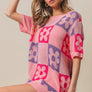 BiBi Flower Checker Pattern Short Sleeve Sweater