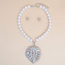 White Pearl Silver Palm Leaf Pendant Necklace