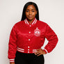 DST Greek Apparel L Cropped Satin Varsity Jacket