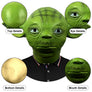Close-up of sculpted wrinkles, brow, and green surface texture on the Yoda-inspired latex costume mask
