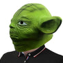 Yoda-inspired green latex adult costume mask, left-side profile and pointed ear
