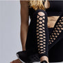 Women Criss Cross Cut See Through Leggings Casual Black Wide Waistband Stirrup