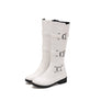 2020 New Trend Women Solid White Knee High 3 Buckle Leather Low Heel Boots Shoes