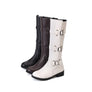 2020 New Trend Women Solid White Knee High 3 Buckle Leather Low Heel Boots Shoes