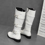 2020 New Trend Women Solid White Knee High 3 Buckle Leather Low Heel Boots Shoes