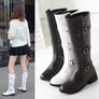 2020 New Trend Women Solid White Knee High 3 Buckle Leather Low Heel Boots Shoes