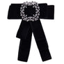 Women Velvet British Striped Bow Tie Necktie Ribbon Crystal Pin Brooch Collar