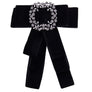 Women Velvet British Striped Bow Tie Necktie Ribbon Crystal Pin Brooch Collar